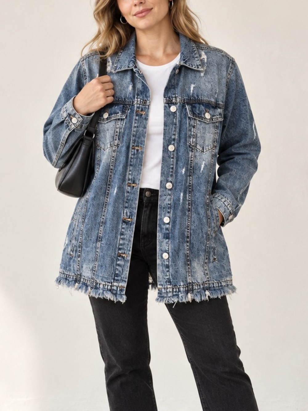 Grunge Y2K Distressed Longline Denim Jacket Highway Jeans Streetwear